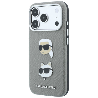 Suojakuori Apple iPhone 18 Pro / 17 Pro -puhelimelle, Karl Lagerfeld, Saffiano with Karl & Choupette Head's Pin and Logo, harmaa