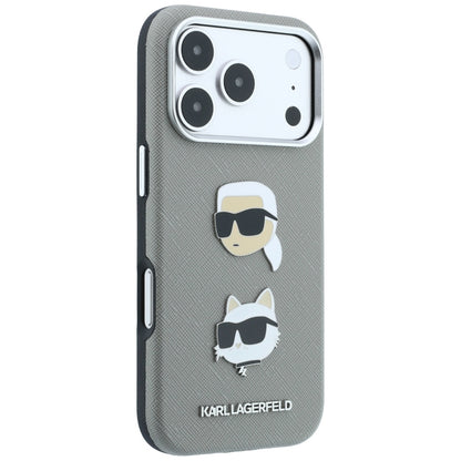 Suojakuori Apple iPhone 18 Pro / 17 Pro -puhelimelle, Karl Lagerfeld, Saffiano with Karl & Choupette Head's Pin and Logo, harmaa