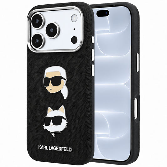 Suojakuori Apple iPhone 18 Pro / 17 Pro -puhelimelle, Karl Lagerfeld, Saffiano with Karl & Choupette Head's Pin and Logo, musta