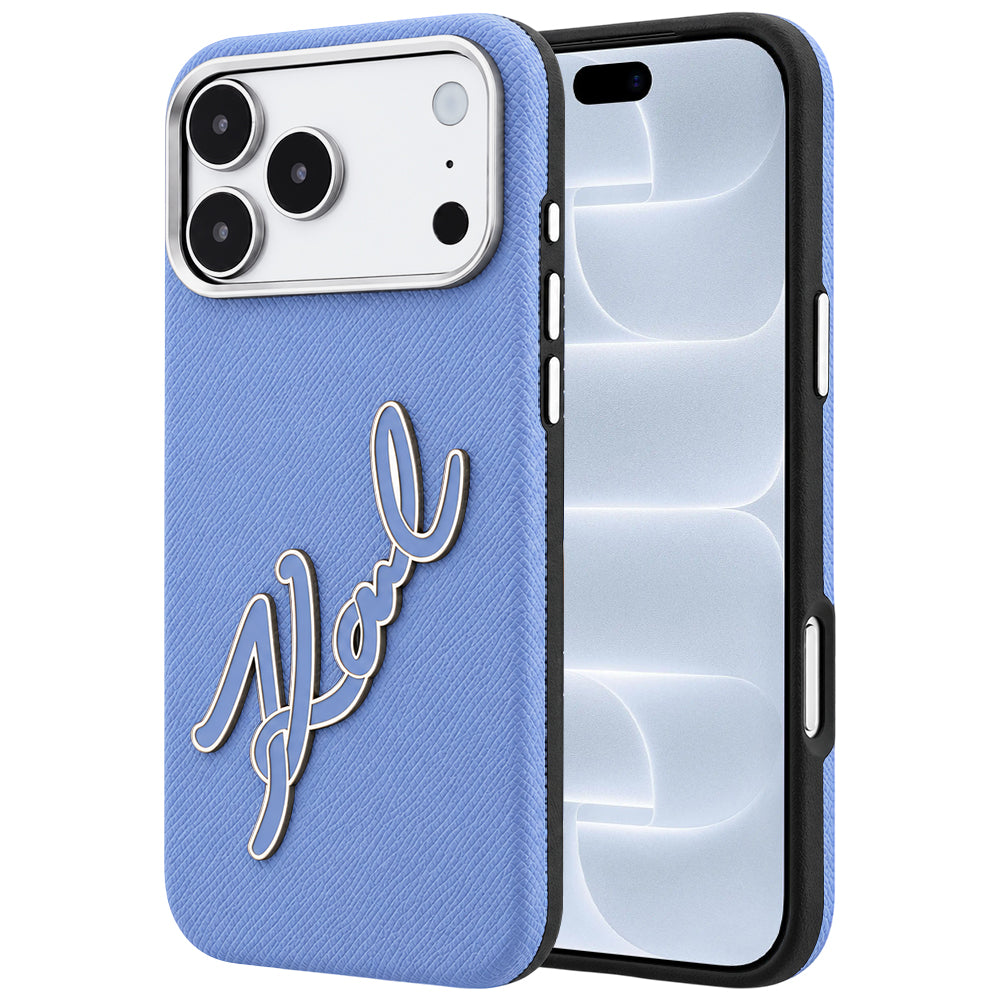Kuori Apple iPhone 18 Pro / 17 Pro:lle, Karl Lagerfeld, sileä iso hartsinen allekirjoituslogo, sininen