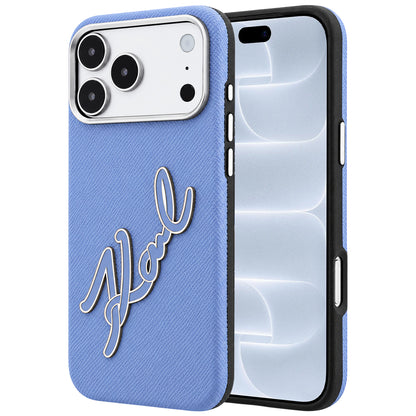 Kuori Apple iPhone 18 Pro / 17 Pro:lle, Karl Lagerfeld, sileä iso hartsinen allekirjoituslogo, sininen