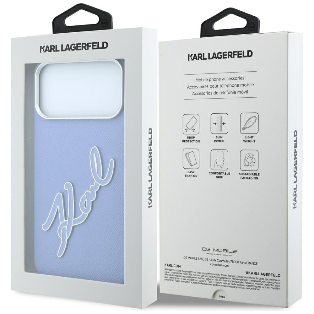 Kuori Apple iPhone 18 Pro / 17 Pro:lle, Karl Lagerfeld, sileä iso hartsinen allekirjoituslogo, sininen