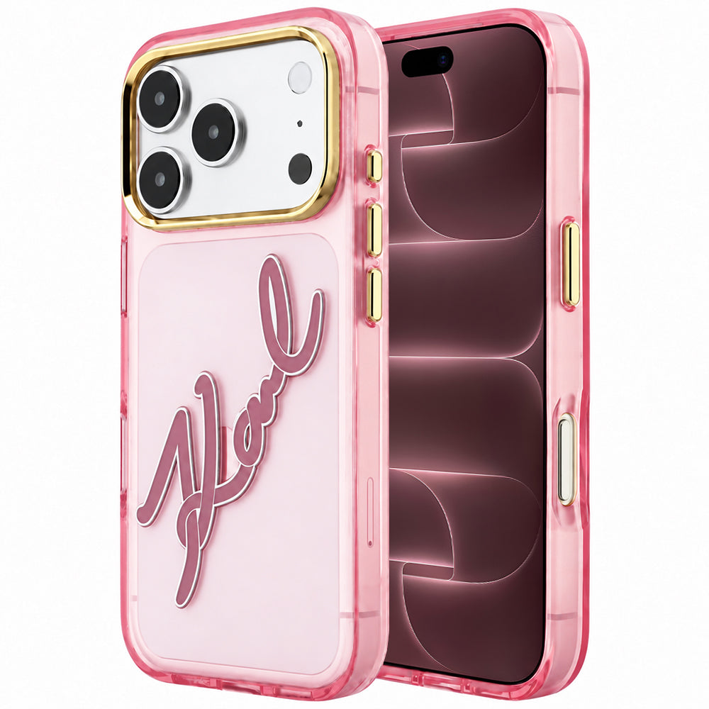 Kuori Apple iPhone 18 Pro Max / 17 Pro Max, Karl Lagerfeld, IML Big Signature Resin Logo Metallikehys, Vaaleanpunainen