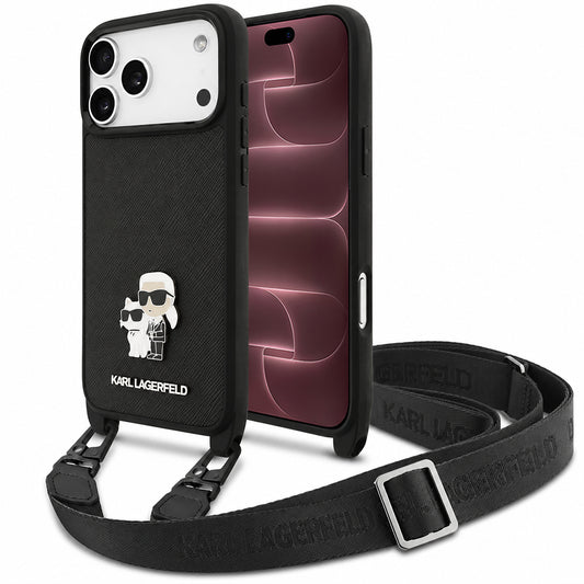 Suojakuori Apple iPhone 18 Pro Max / 17 Pro Max -puhelimelle, Karl Lagerfeld, Saffiano Crossbody Metal Pin Karl & Choupette, musta