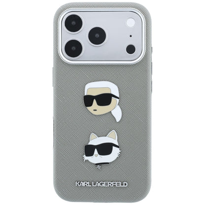 Suojakuori Apple iPhone 18 Pro Max / 17 Pro Max -puhelimelle, Karl Lagerfeld, Saffiano, Karl & Choupette -pääpinssi ja logo, harmaa