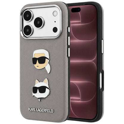 Suojakuori Apple iPhone 18 Pro Max / 17 Pro Max -puhelimelle, Karl Lagerfeld, Saffiano, Karl & Choupette -pääpinssi ja logo, harmaa
