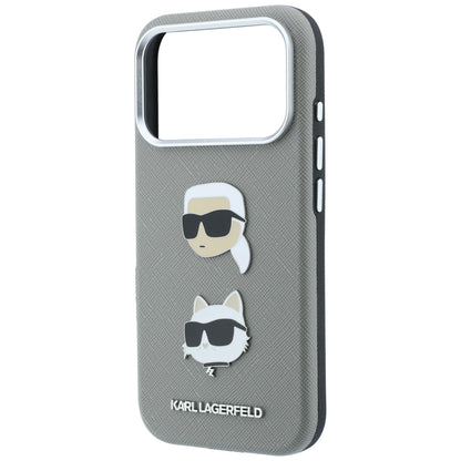 Suojakuori Apple iPhone 18 Pro Max / 17 Pro Max -puhelimelle, Karl Lagerfeld, Saffiano, Karl & Choupette -pääpinssi ja logo, harmaa