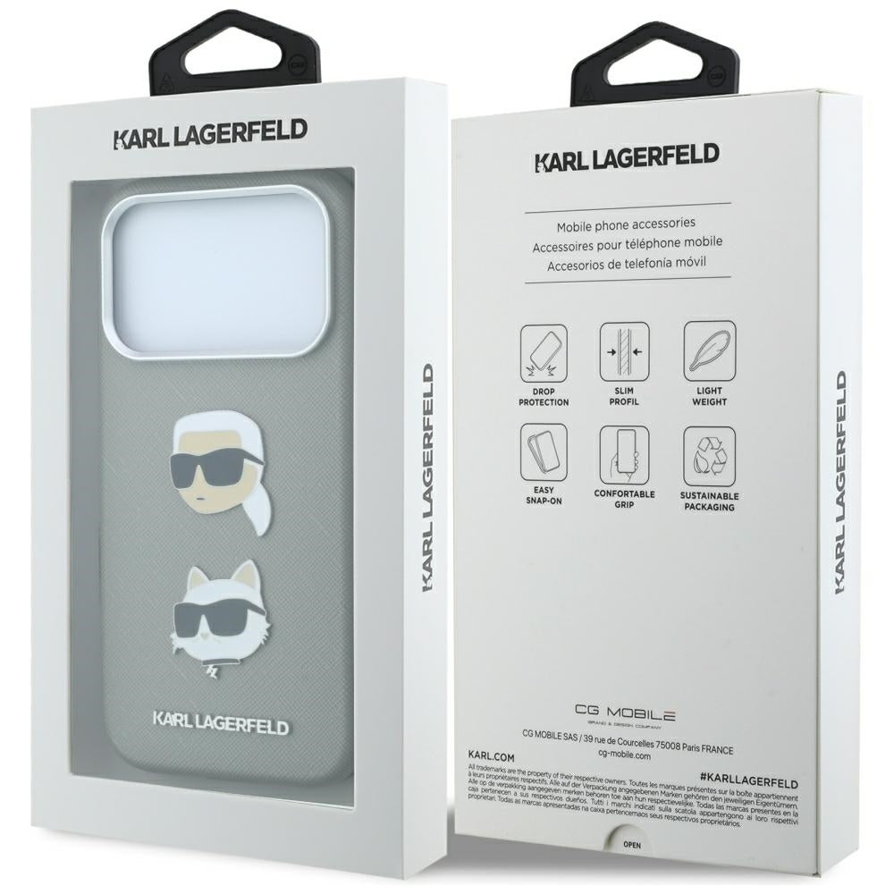 Suojakuori Apple iPhone 18 Pro Max / 17 Pro Max -puhelimelle, Karl Lagerfeld, Saffiano, Karl & Choupette -pääpinssi ja logo, harmaa