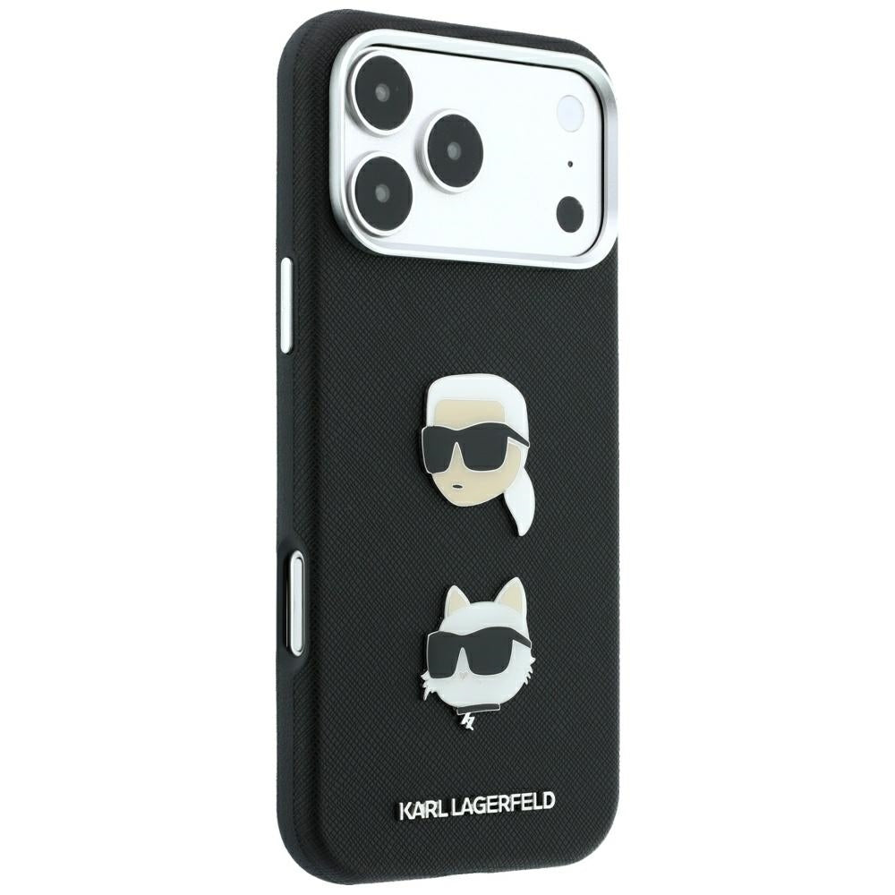 Kuori Apple iPhone 18 Pro Max / 17 Pro Max, Karl Lagerfeld, Saffiano Karl & Choupette -pinnillä ja logolla, Musta