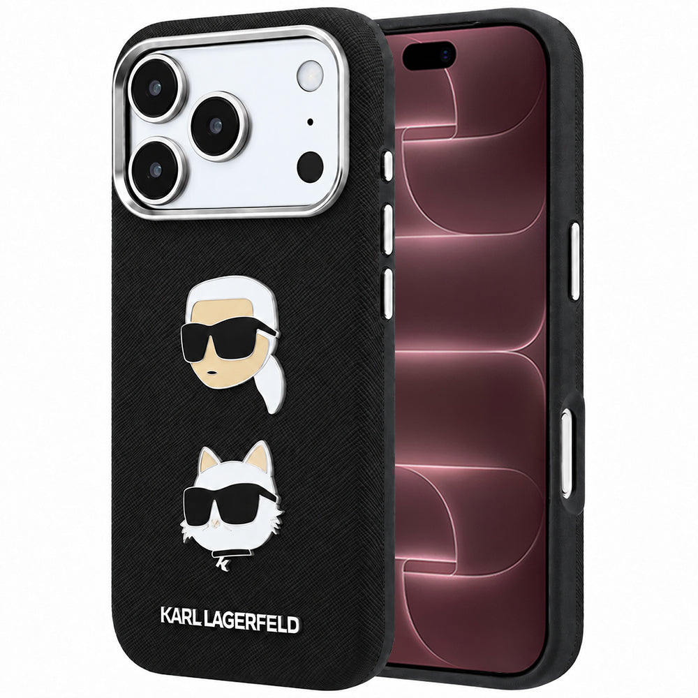Kuori Apple iPhone 18 Pro Max / 17 Pro Max, Karl Lagerfeld, Saffiano Karl & Choupette -pinnillä ja logolla, Musta