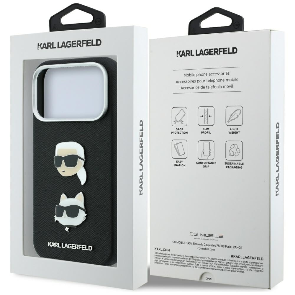 Kuori Apple iPhone 18 Pro Max / 17 Pro Max, Karl Lagerfeld, Saffiano Karl & Choupette -pinnillä ja logolla, Musta