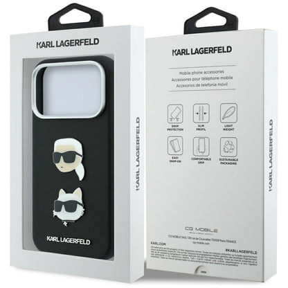 Kuori Apple iPhone 18 Pro Max / 17 Pro Max, Karl Lagerfeld, Saffiano Karl & Choupette -pinnillä ja logolla, Musta