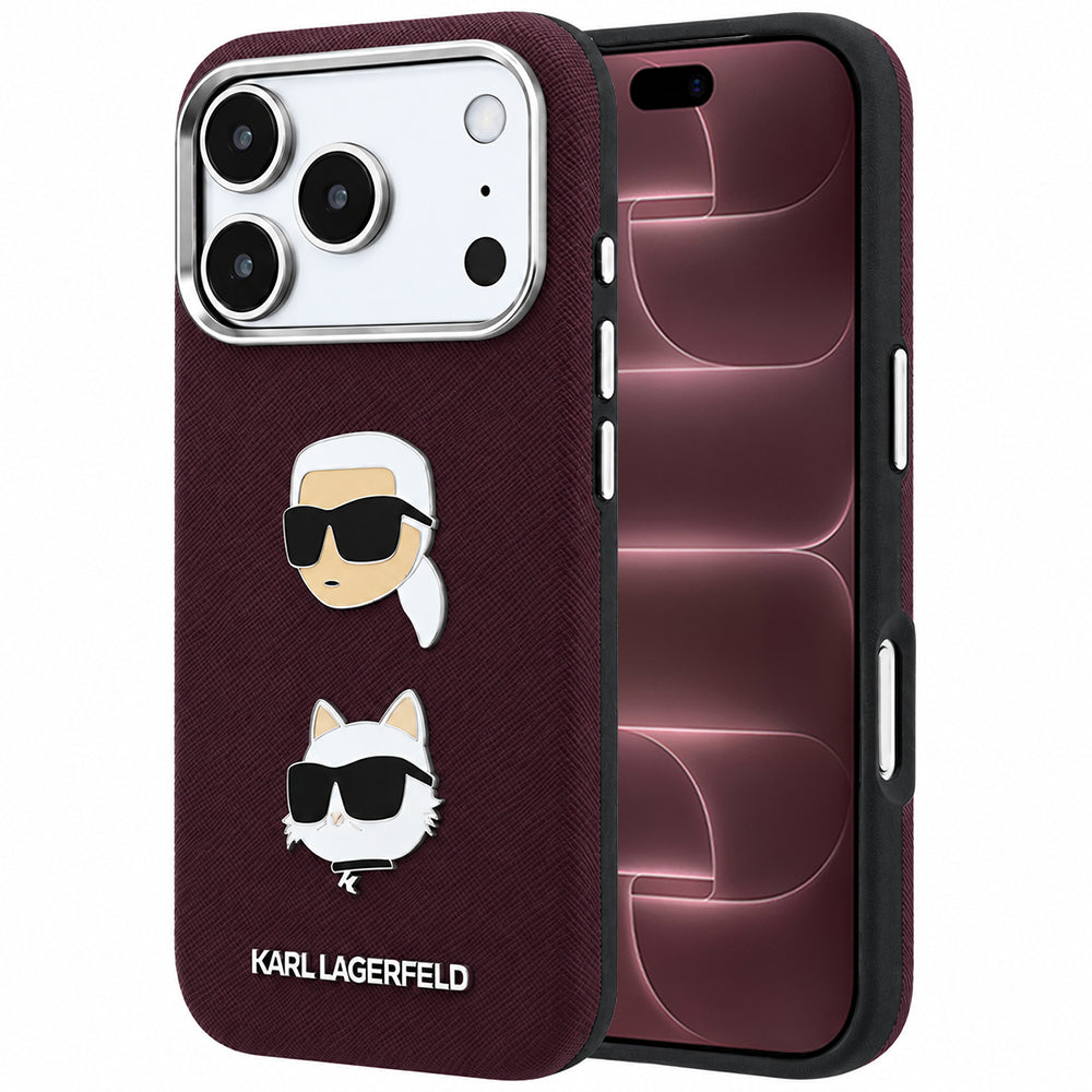 Kuori Apple iPhone 18 Pro Max / 17 Pro Max, Karl Lagerfeld, Saffiano Karl & Choupette -pääpinssillä ja logolla, viininpunainen