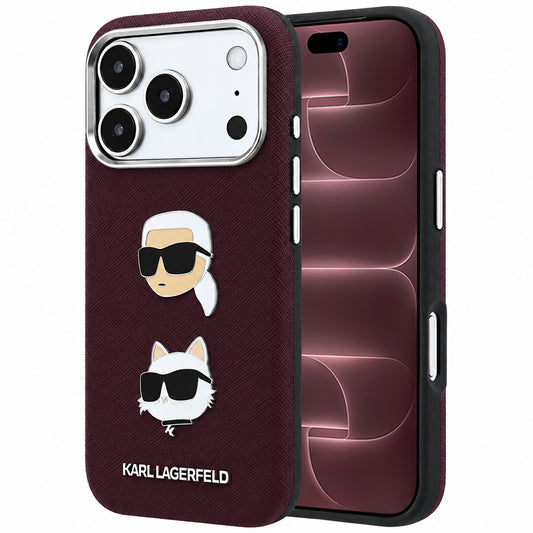 Kuori Apple iPhone 18 Pro Max / 17 Pro Max, Karl Lagerfeld, Saffiano Karl & Choupette -pääpinssillä ja logolla, viininpunainen