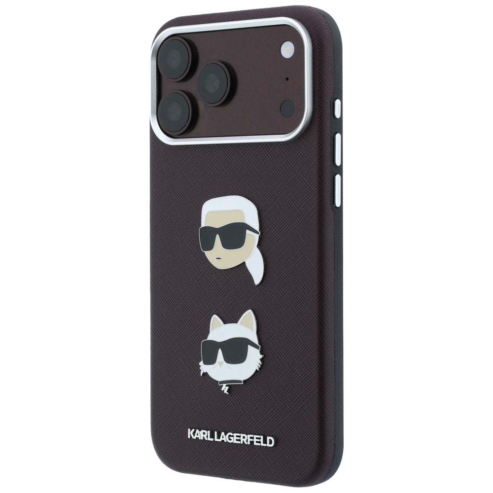 Kuori Apple iPhone 18 Pro Max / 17 Pro Max, Karl Lagerfeld, Saffiano Karl & Choupette -pääpinssillä ja logolla, viininpunainen