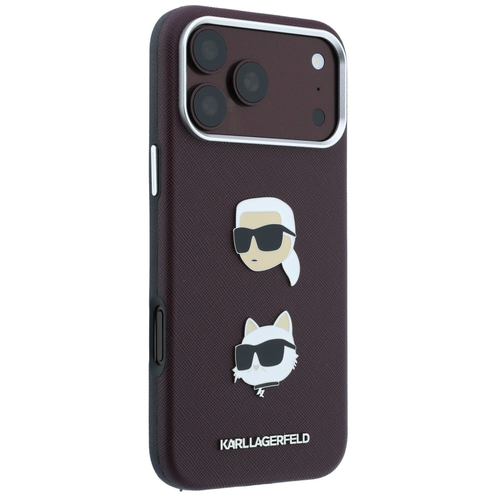 Kuori Apple iPhone 18 Pro Max / 17 Pro Max, Karl Lagerfeld, Saffiano Karl & Choupette -pääpinssillä ja logolla, viininpunainen