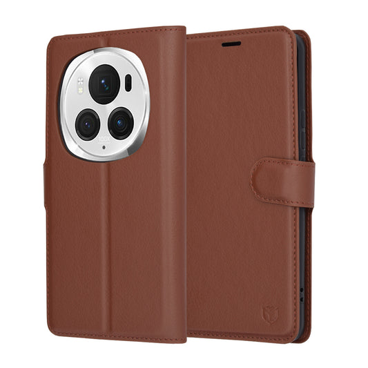 Kuori Honor Magic6 Pro:lle, Techsuit, nahkainen folio, ruskea