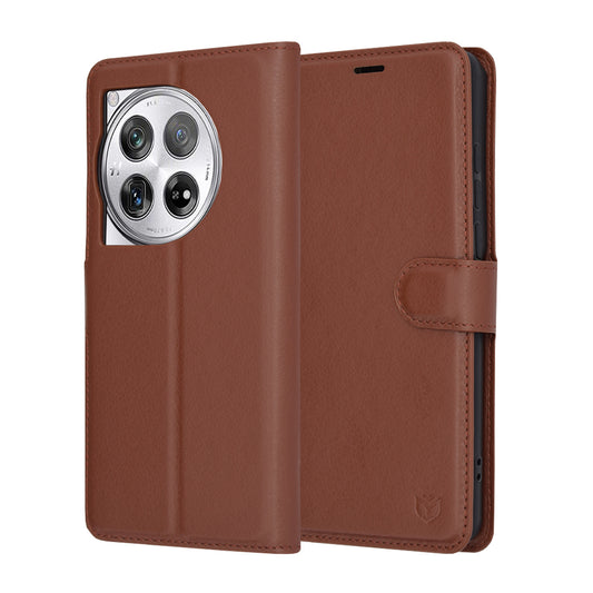 Kuori OnePlus 12:lle, Techsuit, nahkainen folio, ruskea