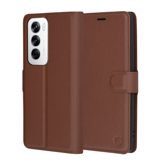 Kuori Oppo Reno12:lle, Techsuit, nahkainen folio, ruskea