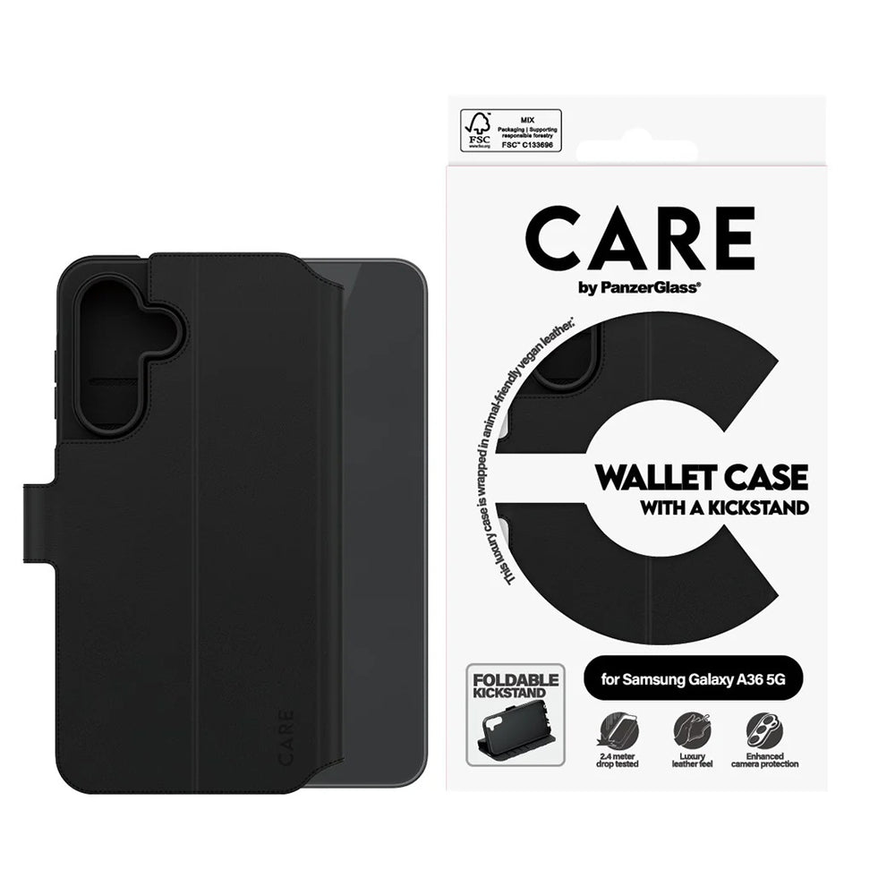 Kotelo Samsung Galaxy A36 A366:lle, PanzerGlass, Care Feature Kickstand Wallet, Musta