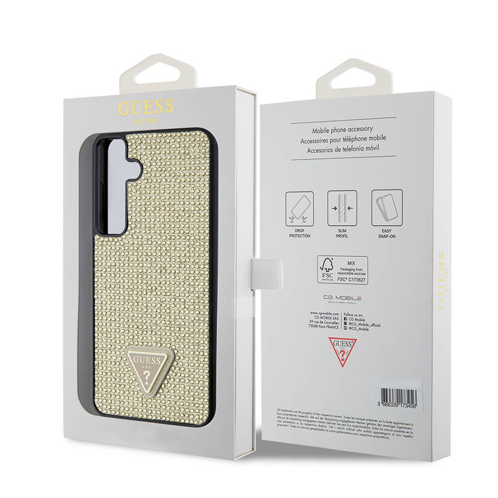 Kotelo Samsung Galaxy S24+ S926:lle, Guess, Rhinestone Triangle Logo, Kultainen