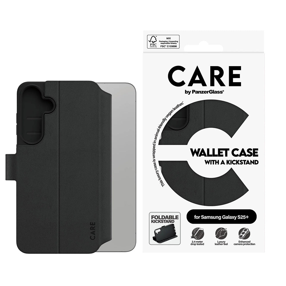 Suojakotelo Samsung Galaxy S25+ S936, PanzerGlass, Care Feature Kickstand Wallet, Musta