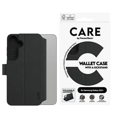Suojakotelo Samsung Galaxy S25+ S936, PanzerGlass, Care Feature Kickstand Wallet, Musta