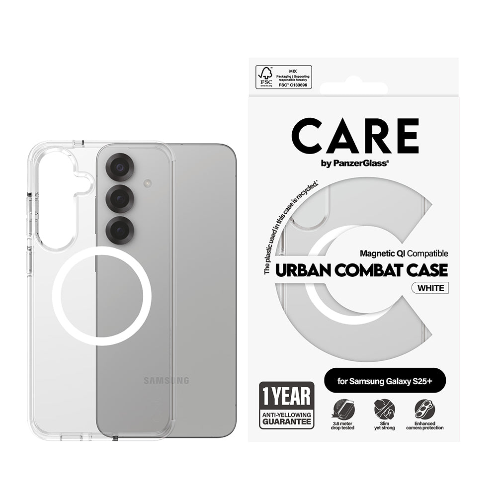 Kotelo Samsung Galaxy S25+ S936:lle, PanzerGlass, Care Urban Combat, Valkoinen Läpinäkyvä