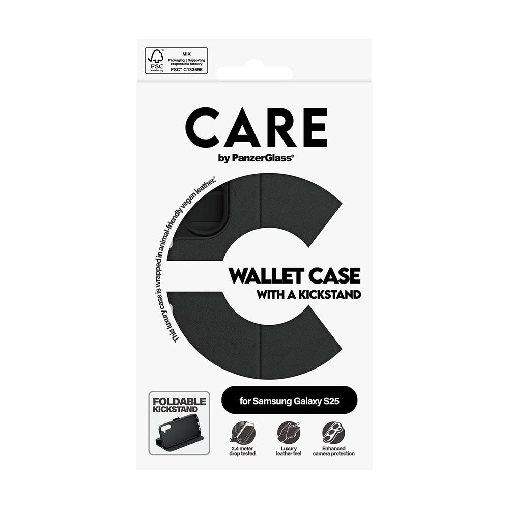 Kotelo Samsung Galaxy S25 S931:lle, PanzerGlass, Care Feature Kickstand Wallet, Musta