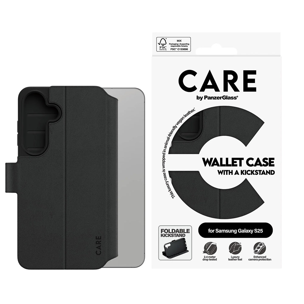 Kotelo Samsung Galaxy S25 S931:lle, PanzerGlass, Care Feature Kickstand Wallet, Musta
