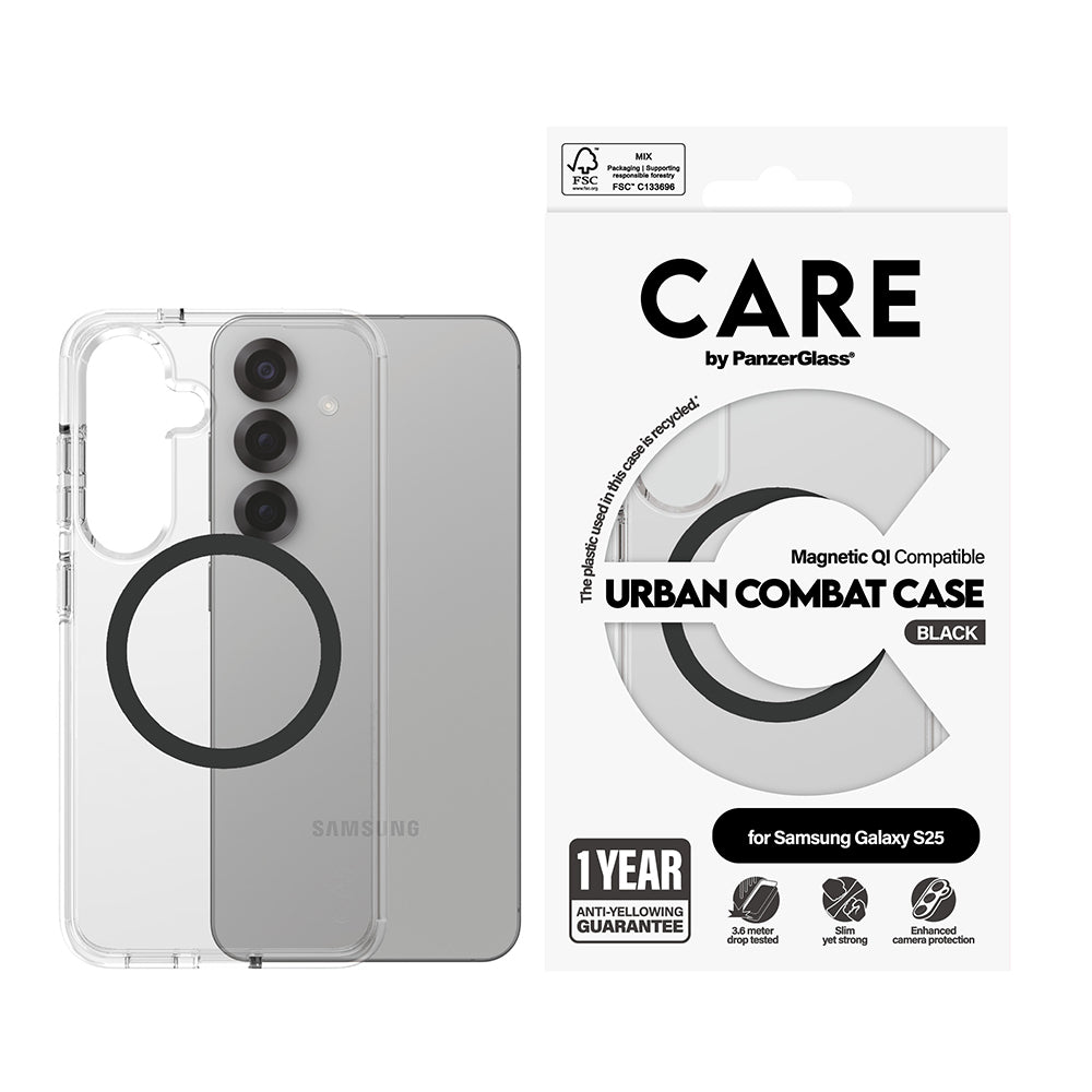 Kotelo Samsung Galaxy S25 S931:lle, PanzerGlass, Care Urban Combat, Musta Läpinäkyvä