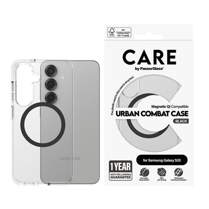 Kotelo Samsung Galaxy S25 S931:lle, PanzerGlass, Care Urban Combat, Musta Läpinäkyvä