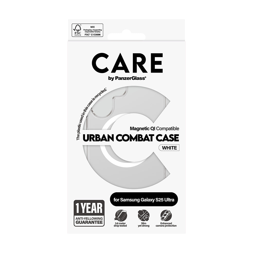Kotelo Samsung Galaxy S25 Ultra S938:lle, PanzerGlass, Care Urban Combat, Valkoinen Läpinäkyvä