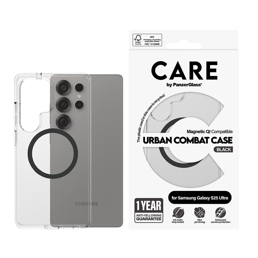 Kotelo Samsung Galaxy S25 Ultra S938:lle, PanzerGlass, Care Urban Combat, Musta Läpinäkyvä
