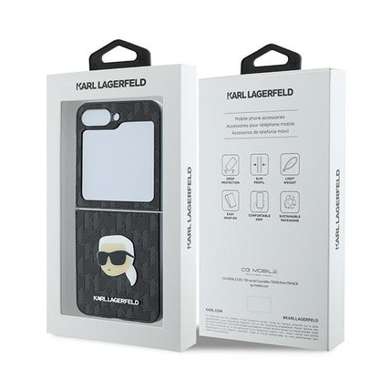 Suojakotelo Samsung Galaxy Z Flip7 FE F761 / Z Flip6 F741, Karl Lagerfeld, Saffiano Monogram Karl's Head Metal, Musta