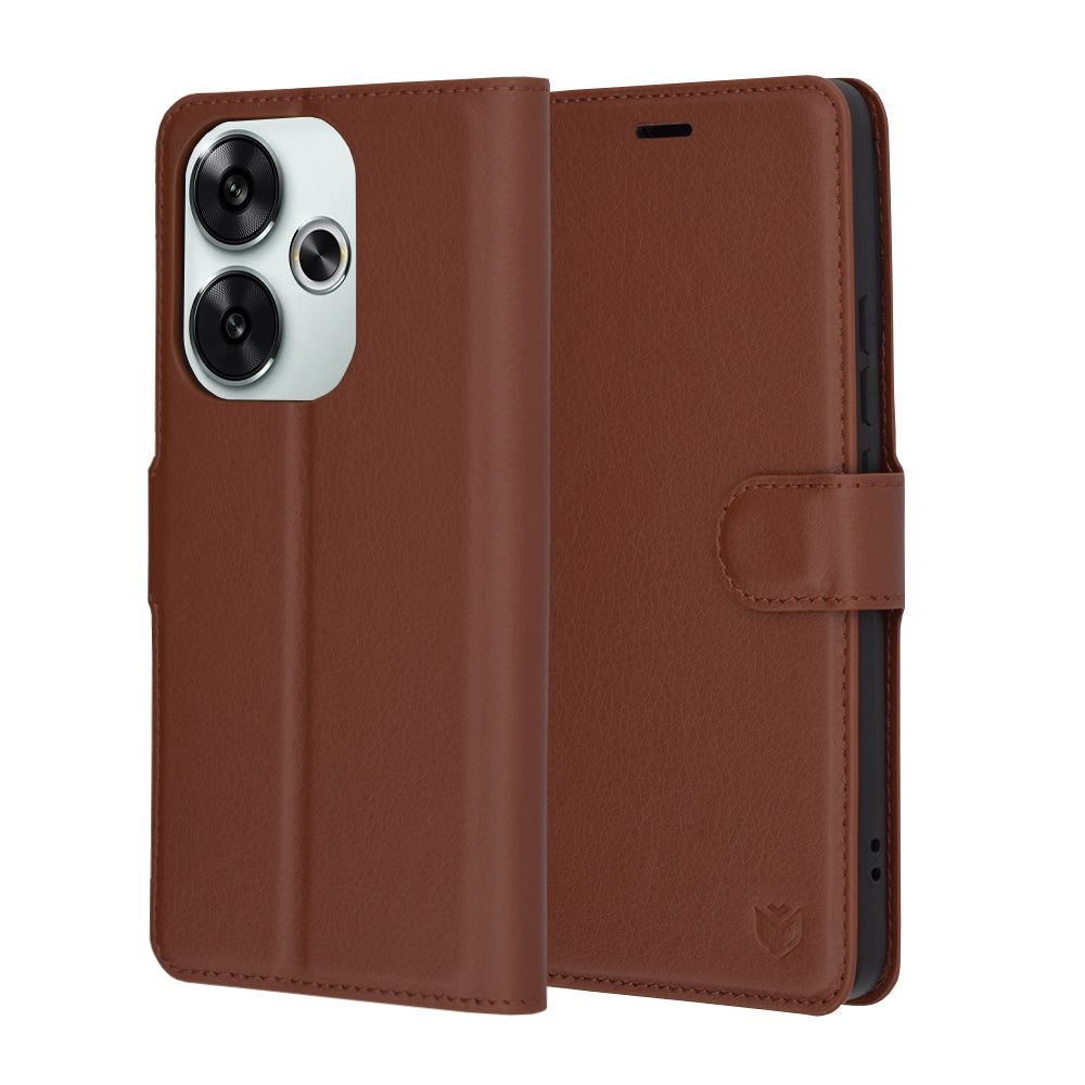Kuori Xiaomi Poco F6:lle, Techsuit, nahkainen folio, ruskea