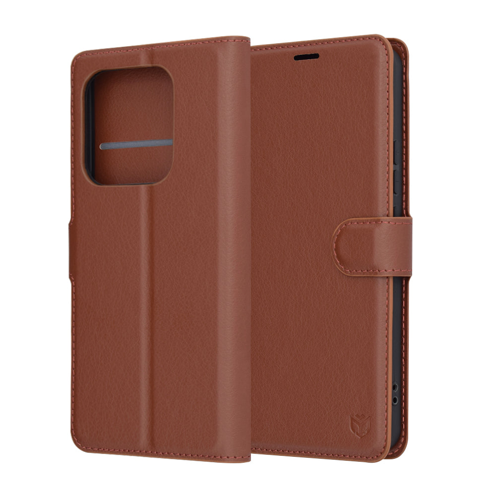 Kuori Xiaomi Redmi Note 14 4G:lle (Alueellinen), Techsuit, Nahkainen Folio, Ruskea