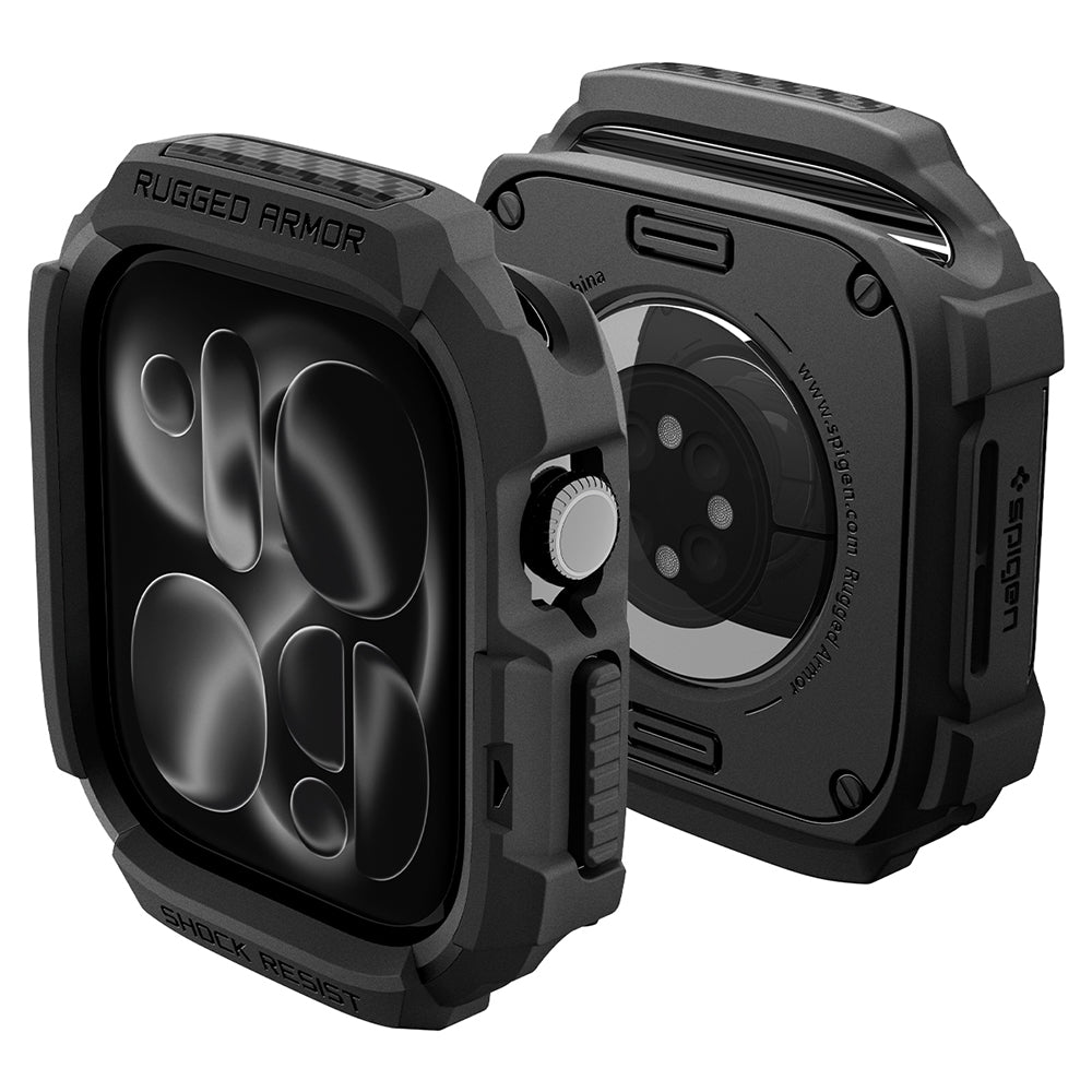 Spigen Rugged Armor -kuori Apple Watch Series 12 46mm:lle, Matta Musta ACS11886