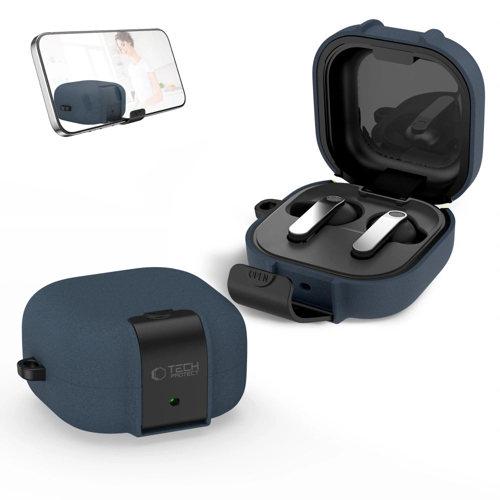 Tech-Protect Slim Hook -suojakotelo Samsung Galaxy Buds4 / Buds4 Pro -kuulokkeille, Tummansininen