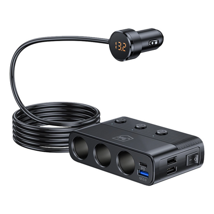 Autojen laturi 3MK Power Splitter, 120W, 3A, 3 x USB-A - 1 x USB-C - 3 x Tupakansytyttimen jatke, Musta