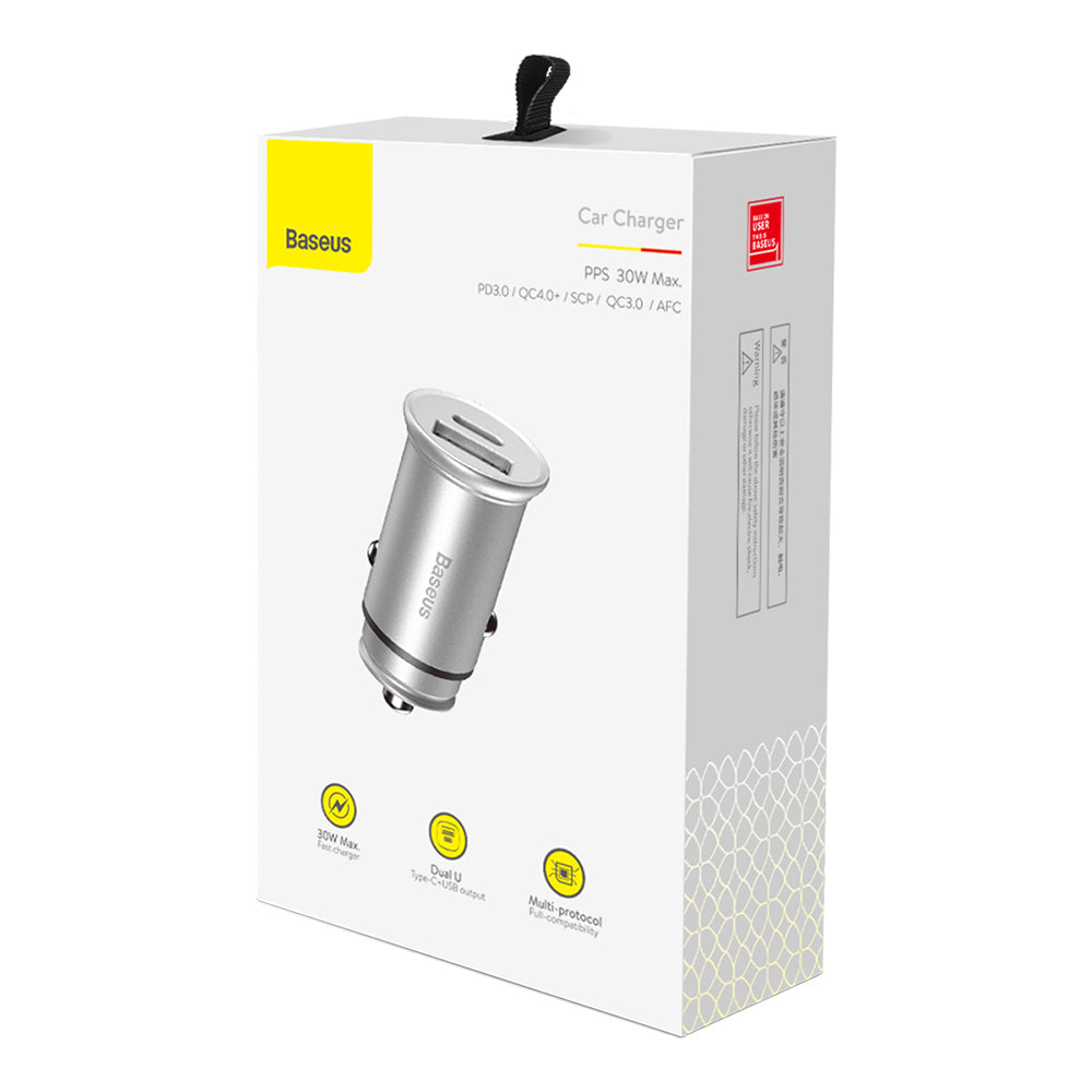 Baseus Circular Metal -autolaturi, 30W, 5A, 1 x USB-A - 1 x USB-C, Harmaa