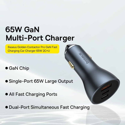 Baseus Golden Contactor Pro Car Charger, 65W, 3A, 1 x USB-A - 2 x USB-C, Gray C00035202841-00