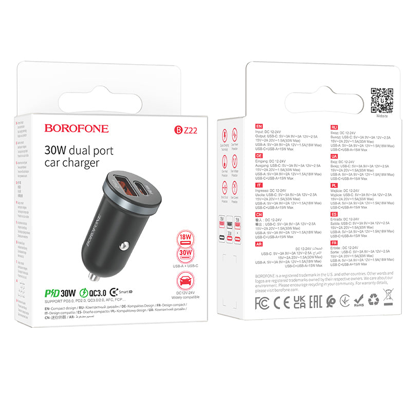 Car Charger Borofone BZ22 Scenery, 30W, 3A, 1 x USB-A - 1 x USB-C, Black 