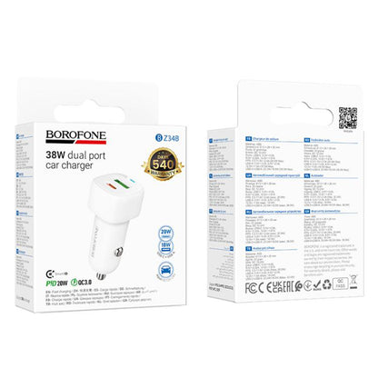 Autolaturi Borofone BZ34B Cloud, 20W, 3A, 1 x USB-A - 1 x USB-C, Valkoinen