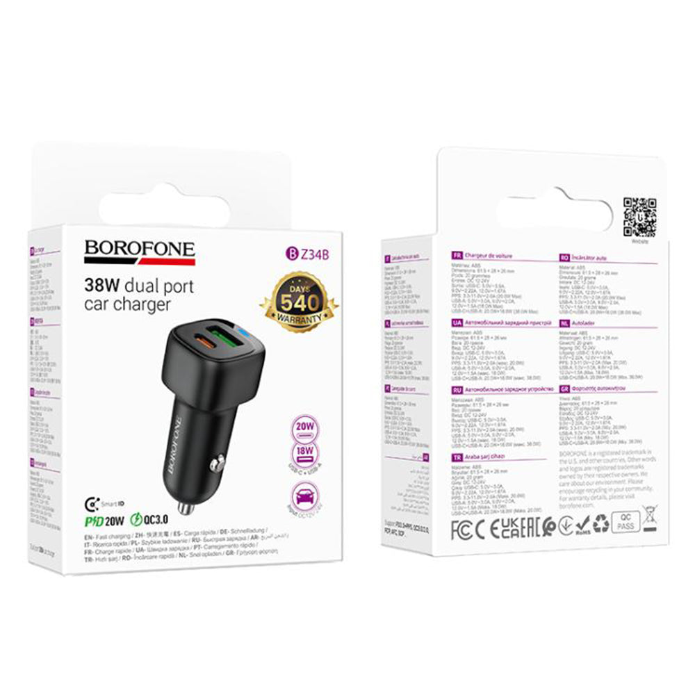 Autolaturi Borofone BZ34B Cloud, 38W, 3A, 1 x USB-A - 1 x USB-C, Musta
