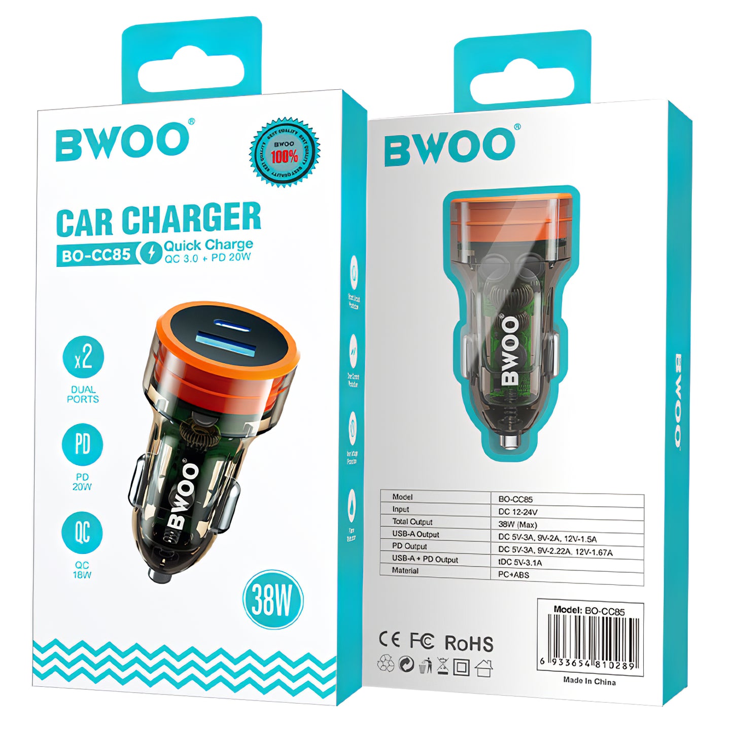 Car Charger BWOO BO-CC85, 38W, 3A, 1 x USB-A - 1 x USB-C, Black 