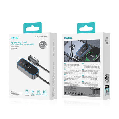 BWOO CC107 Autolaturi, 120W, 3A, 2 x USB-A - 2 x USB-C, Musta