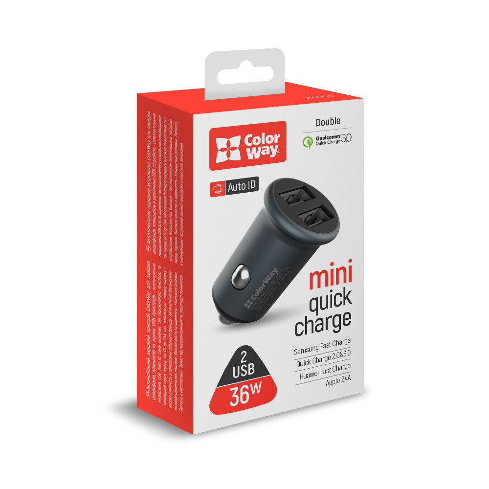 ColorWay Car Charger, 36W, 3A, 2 x USB-A, Gray