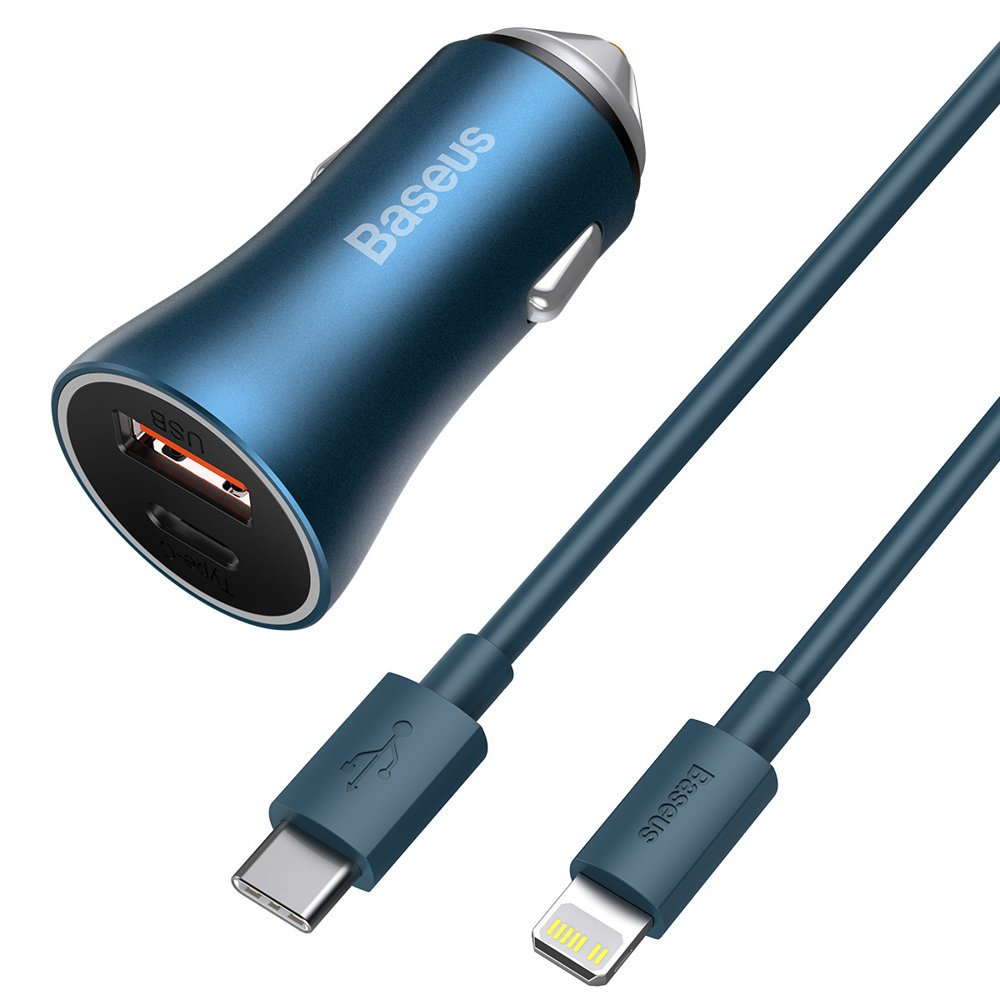 Autolaturi Lightning-kaapelilla Baseus Golden Contactor, 40W, 3A, 1 x USB-A - 1 x USB-C, sininen TZCCJD-03