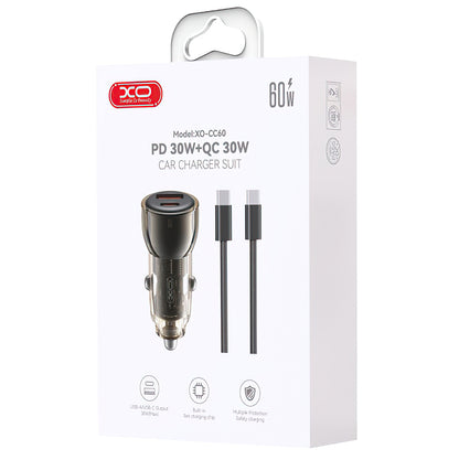 Autolaturi USB-C-kaapelilla XO Design CC60, 60W, 3A, 1 x USB-A - 1 x USB-C, Musta